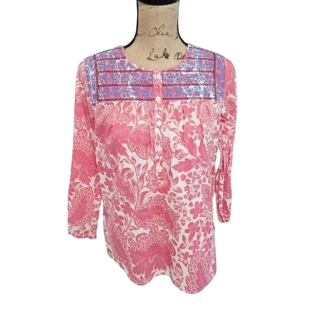 J. Crew XXS Pink Floral Block Print Embroidered Cotton Popover Blouse C1597